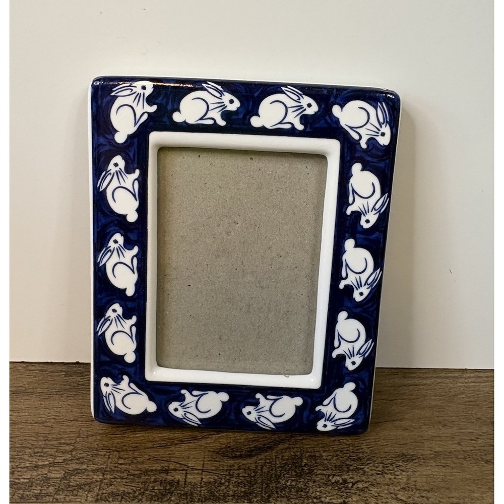 Cobalt Blue & White Ceramic Bunny Rabbit Border Photo Picture Frame 4" X 4.5"
